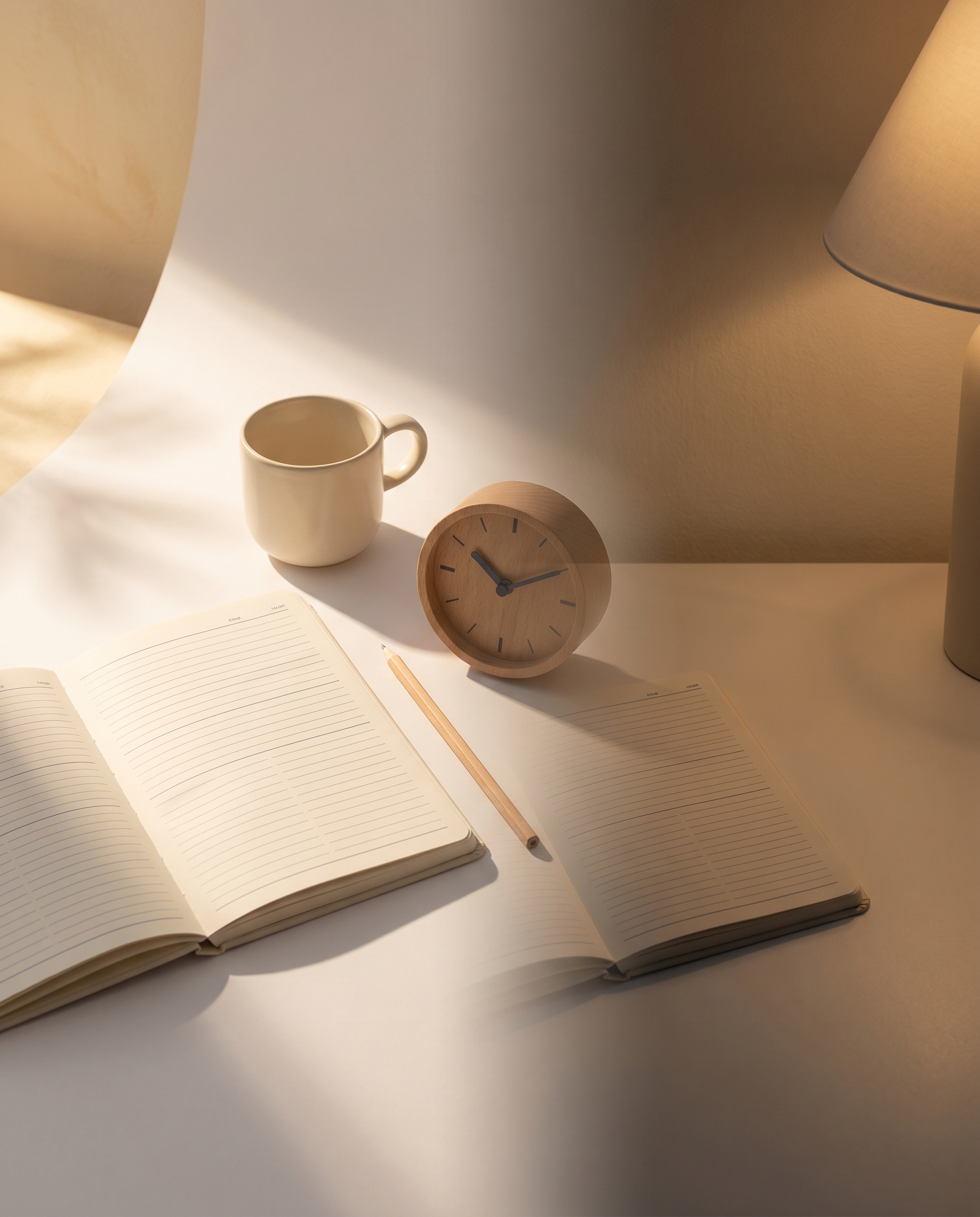 Notebook, mug and wooden clock on a sunlit desk